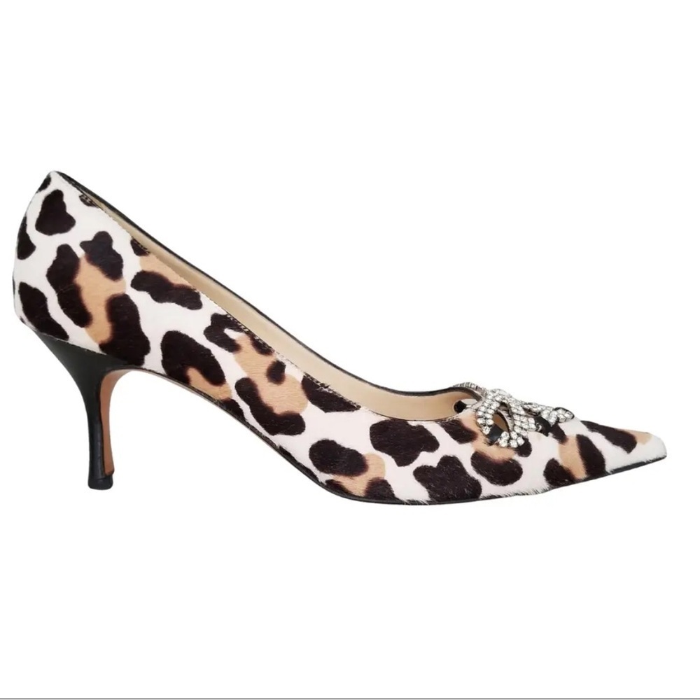 Luciano Padovan leopard print calf hair heels rhinestone bow embellishment Sz 38